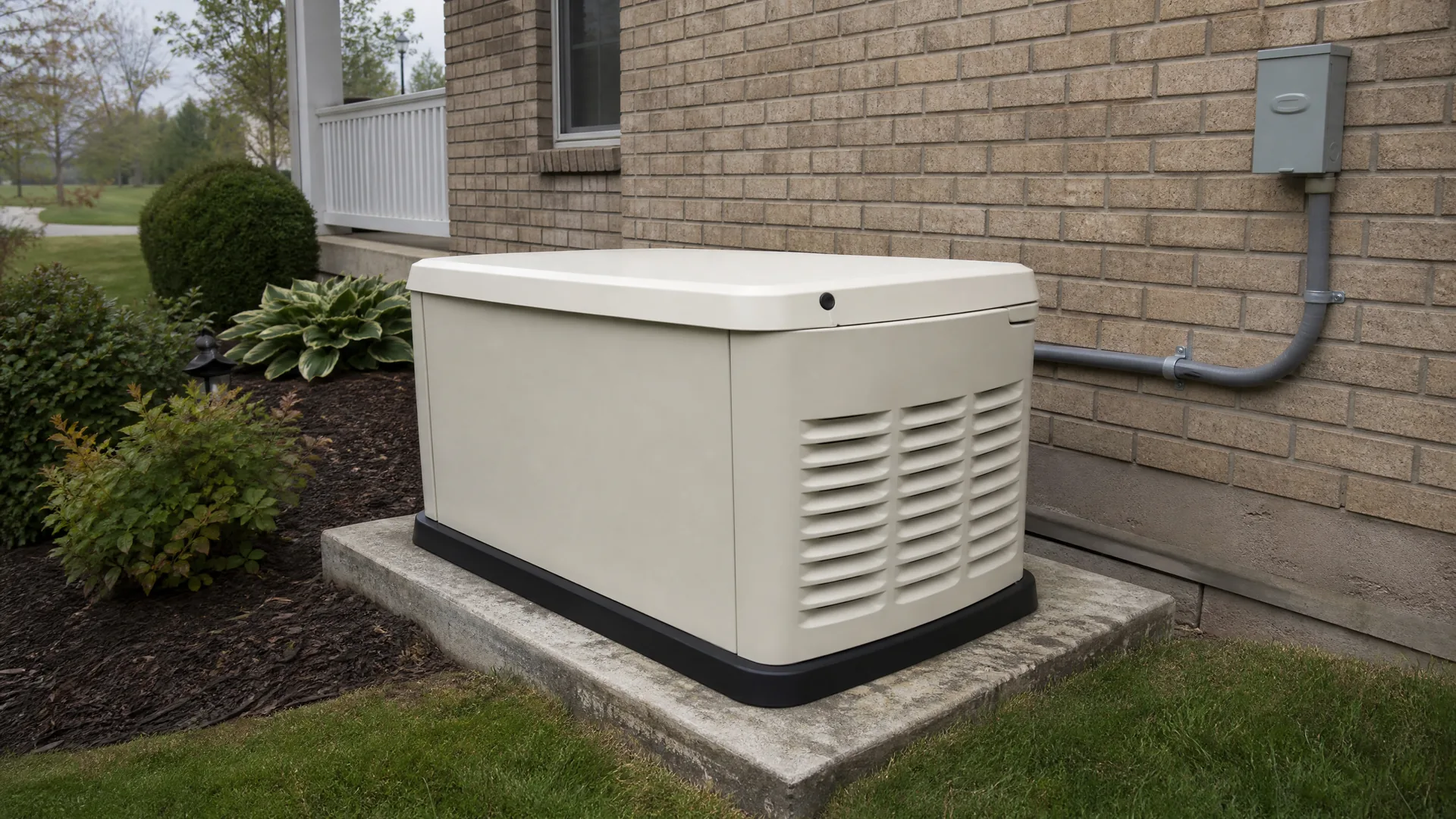 Whole-home standby generator installed beside a brick house by Freedom Electric