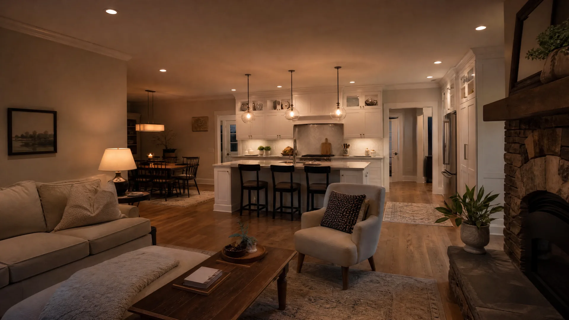 Warm interior lighting in a modern farmhouse living room wired by Freedom Electric