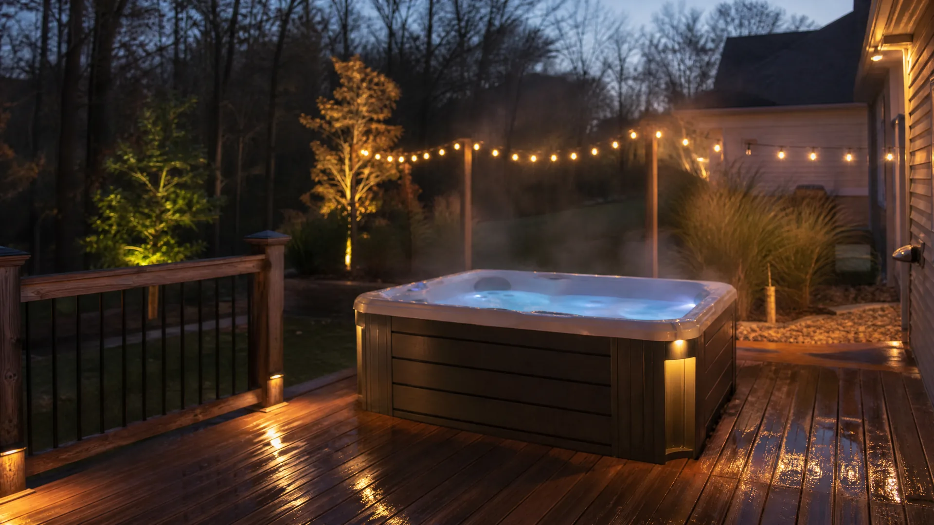 Backyard hot tub with deck lighting on a Missouri home wired by Freedom Electric
