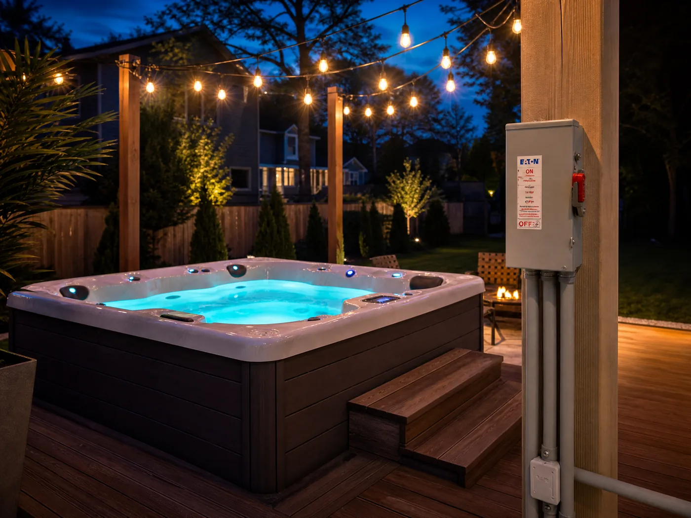 Backyard hot tub with professional electrical disconnect wiring in Rolla MO